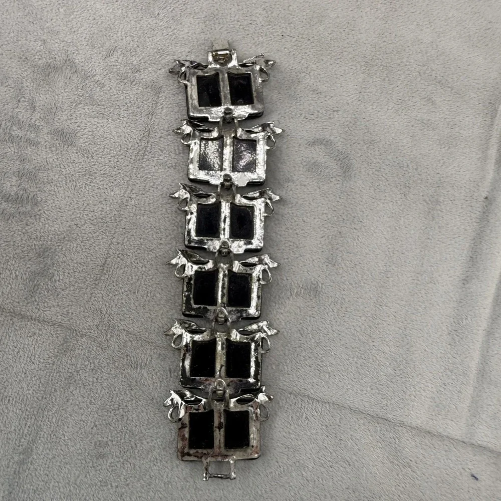 Vintage Thermoset Bracelet Silver‎ Tone Black Wide Chunky MCM  7
